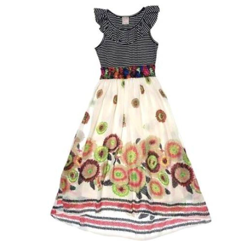 Sara Sara girls Maxi dress XL 12 14 chiffon black stripe pink flower tropical